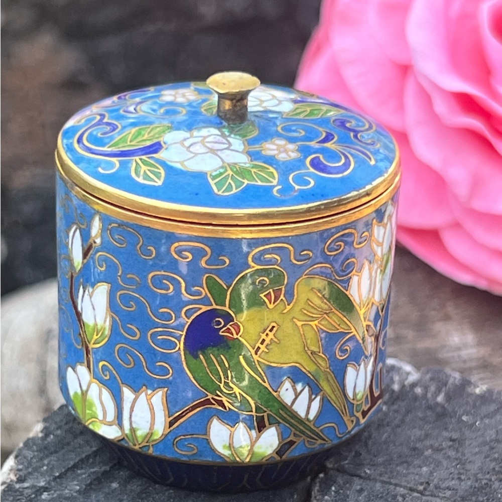 Vintage Cloisonné Happiness Jar Birds & Floral Enamel trinket box 2”